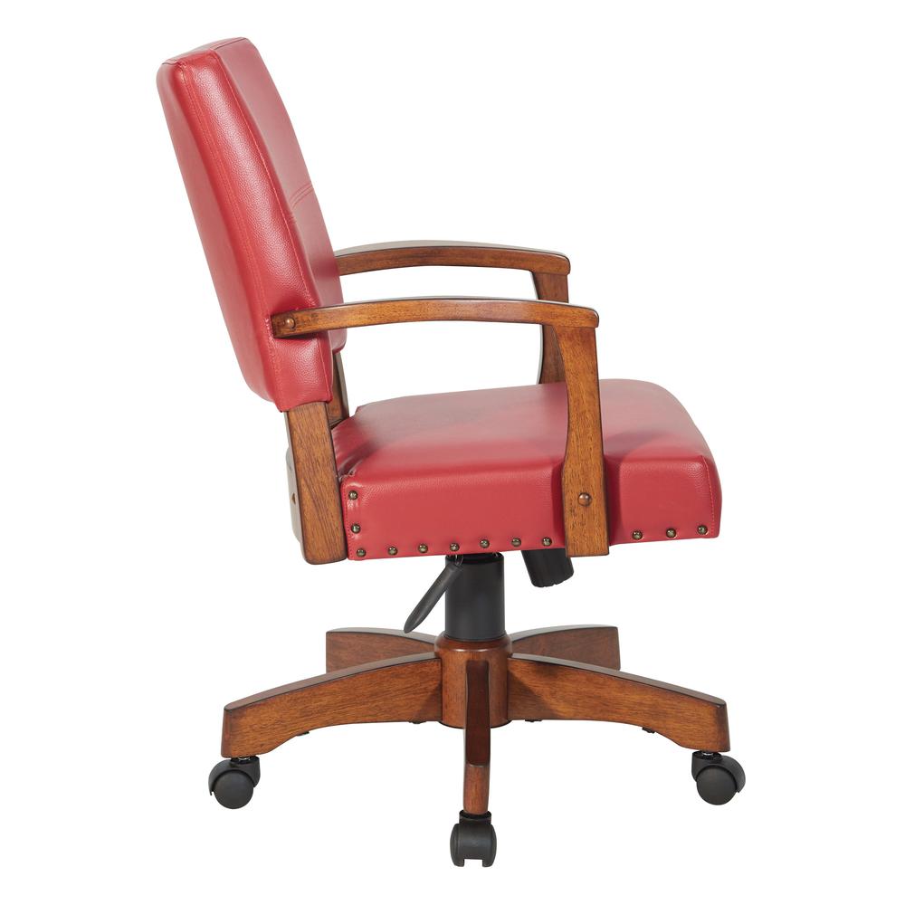 Deluxe Wood Bankers Chair in Red Faux Leather with Antique Bronze Nailheads and Medium Brown Wood, 109MB-RD. Picture 3