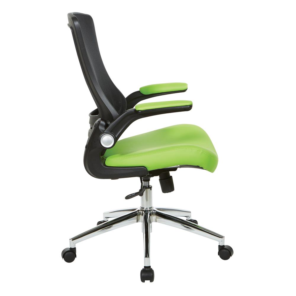 Black Screen Back Manager's Chair with Green Faux Leather Seat and Padded Flip Arms with Silver Accents, EM60926C-U16. Picture 3