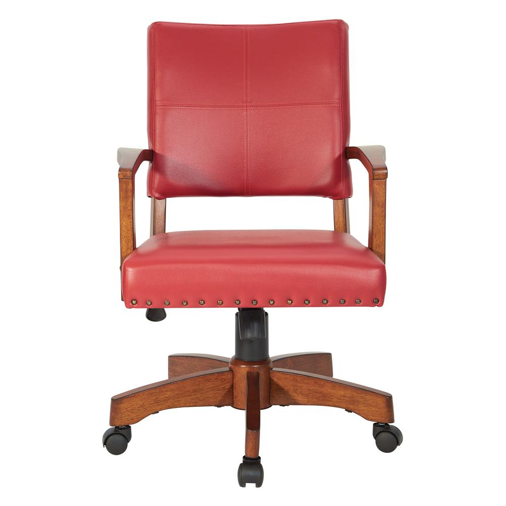 Deluxe Wood Bankers Chair in Red Faux Leather with Antique Bronze Nailheads and Medium Brown Wood, 109MB-RD. Picture 2