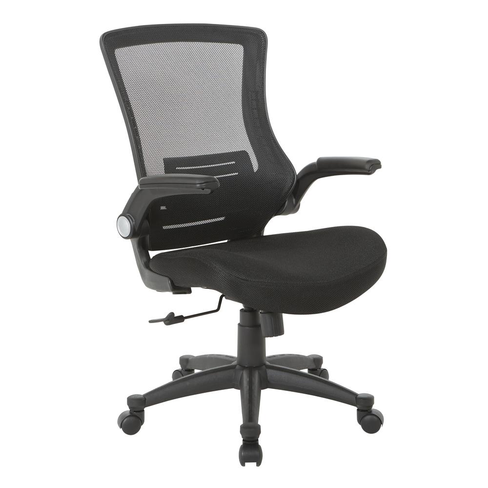 Screen Back Manager's Chair in Black Mesh Seat with PU Padded Flip Arms with Silver Accents, EM60926P-3M. Picture 1