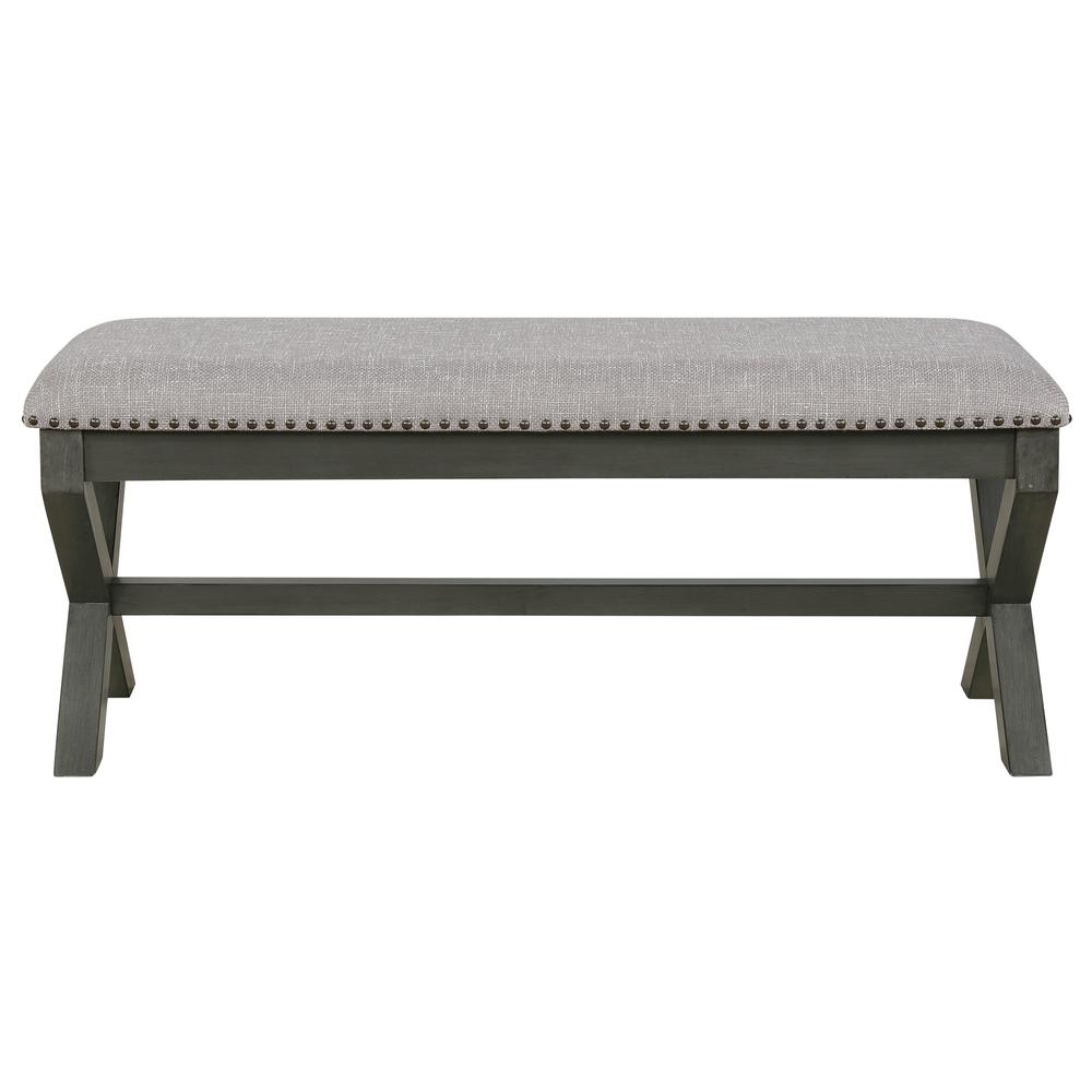 Monte Carlo Bench with Antique Grey Base and Antique Bronze Nailhead Trim in Grey Fabric. Picture 3