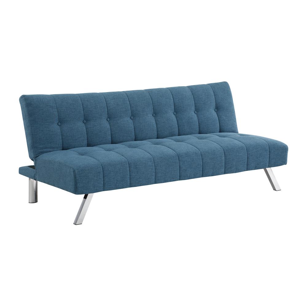 Sawyer Futon in Blue Fabric with Stainless Steel Legs. Picture 1