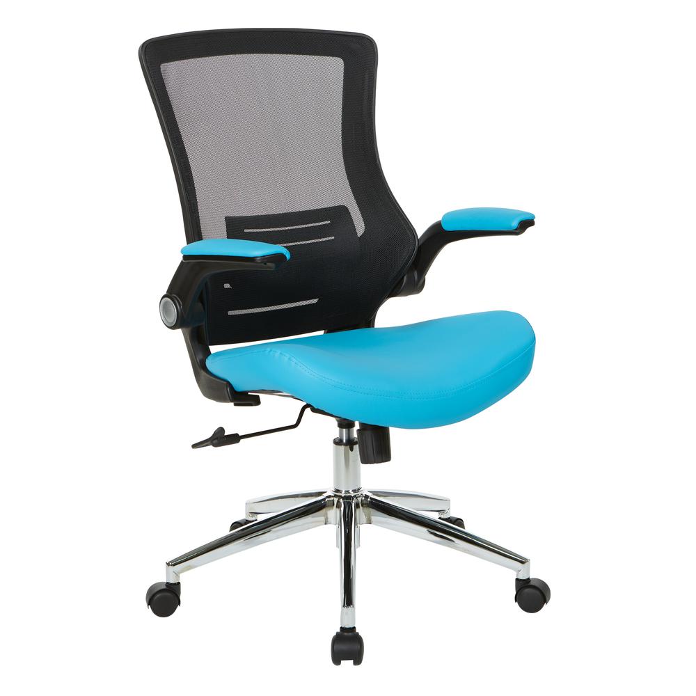 Black Screen Back Manager's Chair with Blue Faux Leather Seat and Padded Flip Arms with Silver Accents, EM60926C-U7. Picture 1