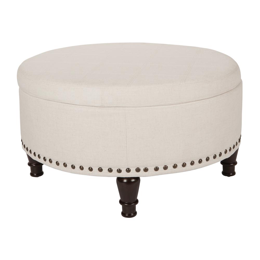 Augusta Round Storage Ottoman in Linen Fabric with decorative nailheads, BP-AUOT32-L32. Picture 1