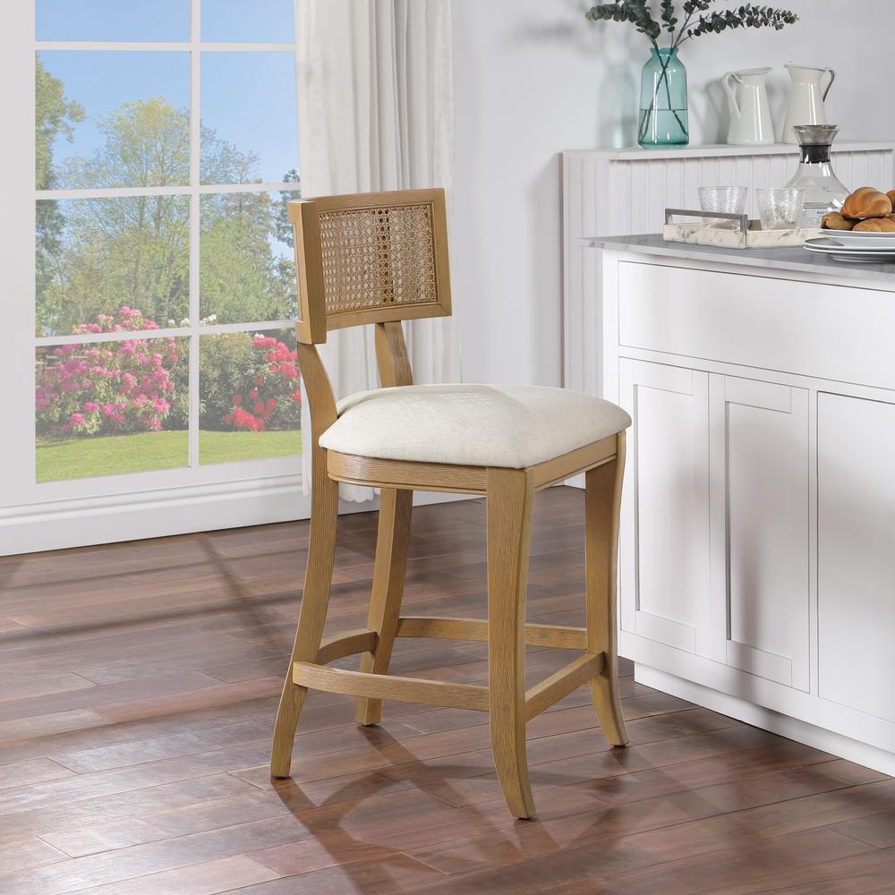 Alaina 26" Cane Back Counter Stool in Linen Fabric with Coastal Wash. Picture 12