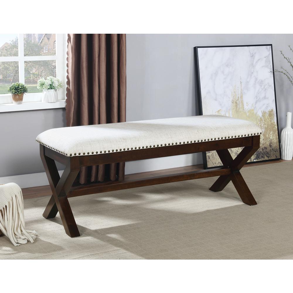 Monte Carlo Bench with Dark Walnut Base and Antique Bronze Nailhead Trim in Linen Fabric. Picture 5