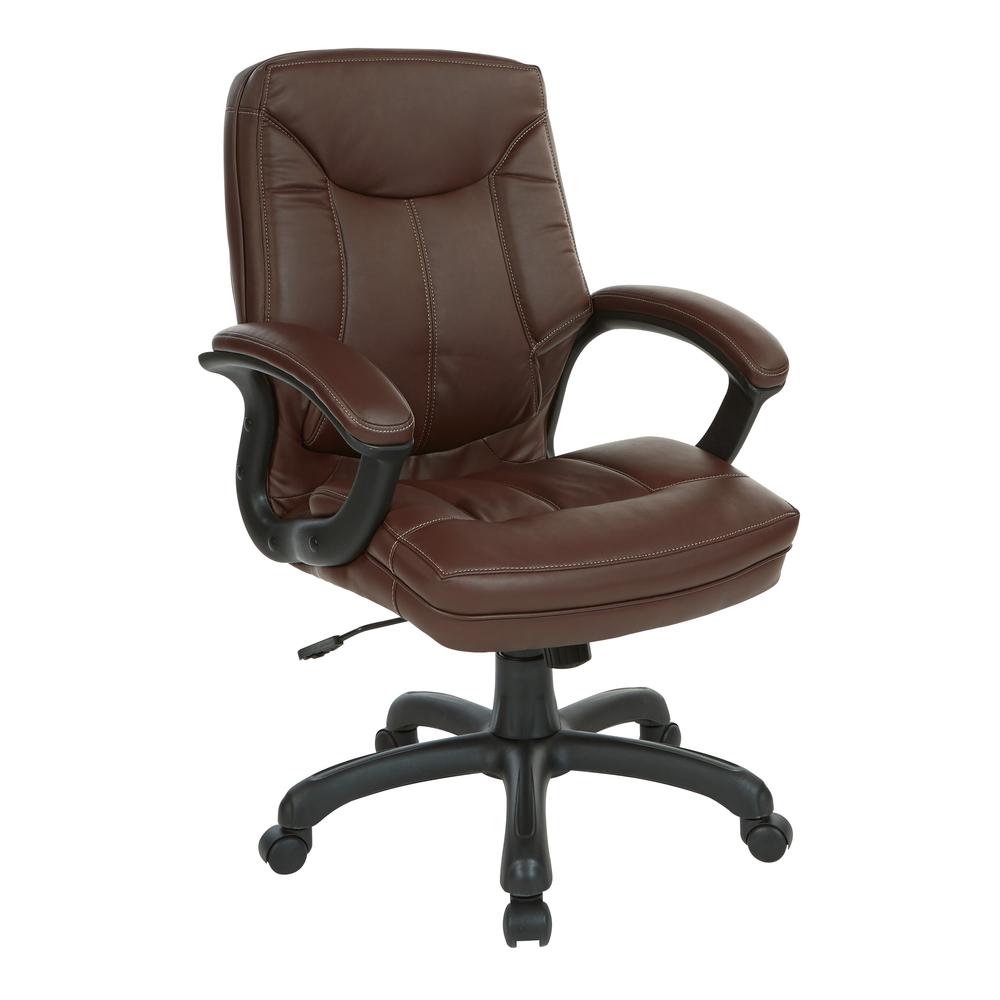 Executive Mid Back Chocolate Faux Leather Chair with Contrast Stitching, FL6081-U24. Picture 1