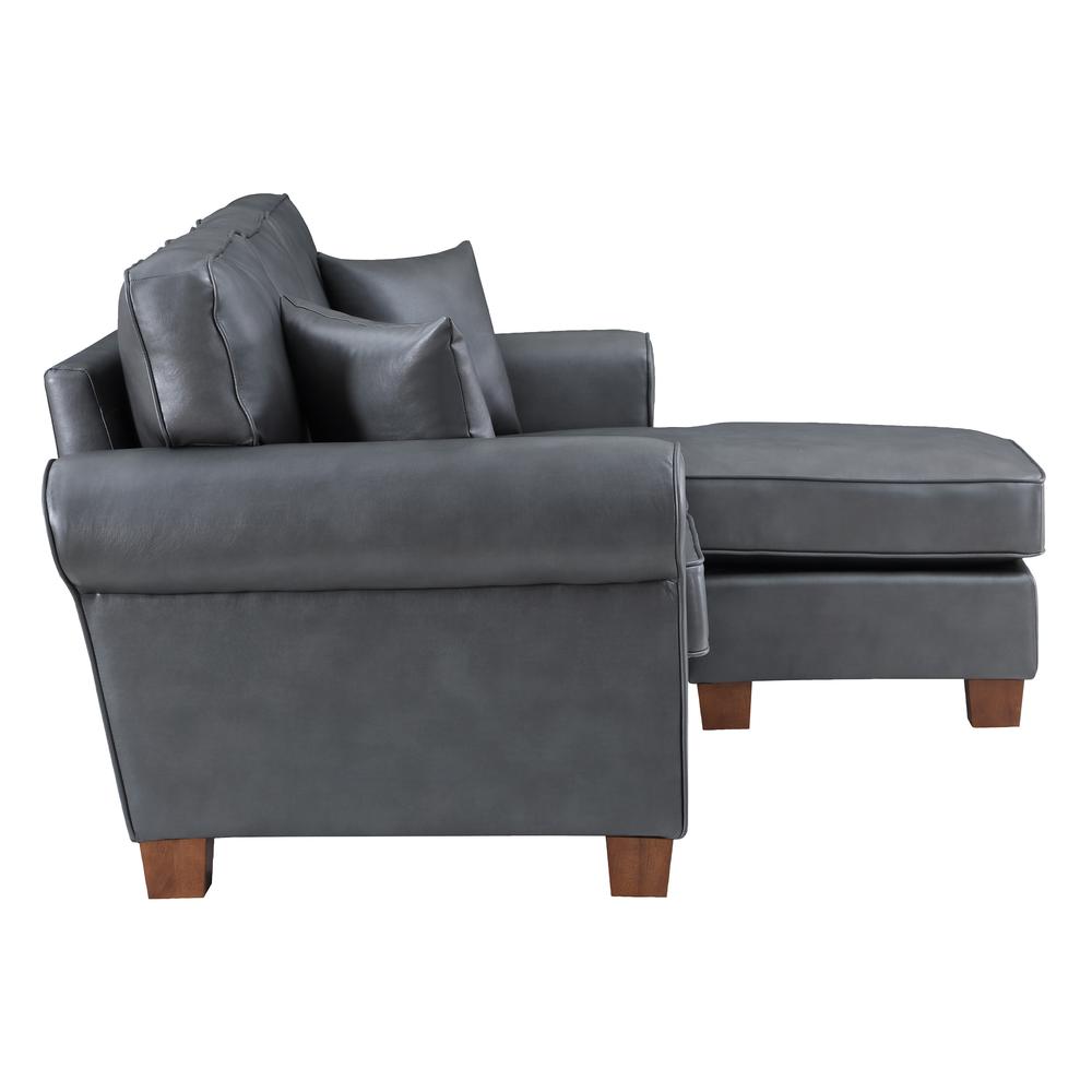 Rylee Rolled Arm Sectional in Pewter Faux Leather with Pillows and Coffee Legs, RLE55-PD26. Picture 4