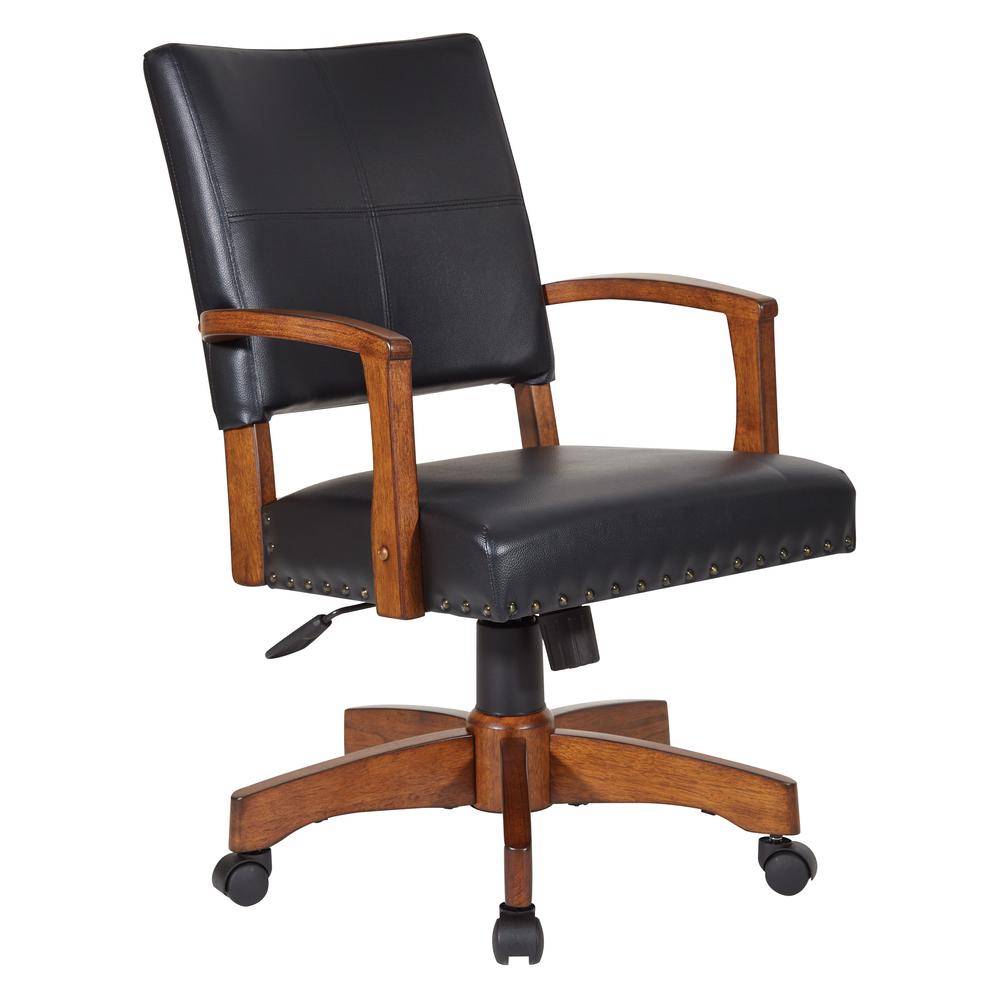 Deluxe Wood Bankers Chair in Black Faux Leather with Antique Bronze Nailheads and Medium Brown Wood, 109MB-BK. Picture 1