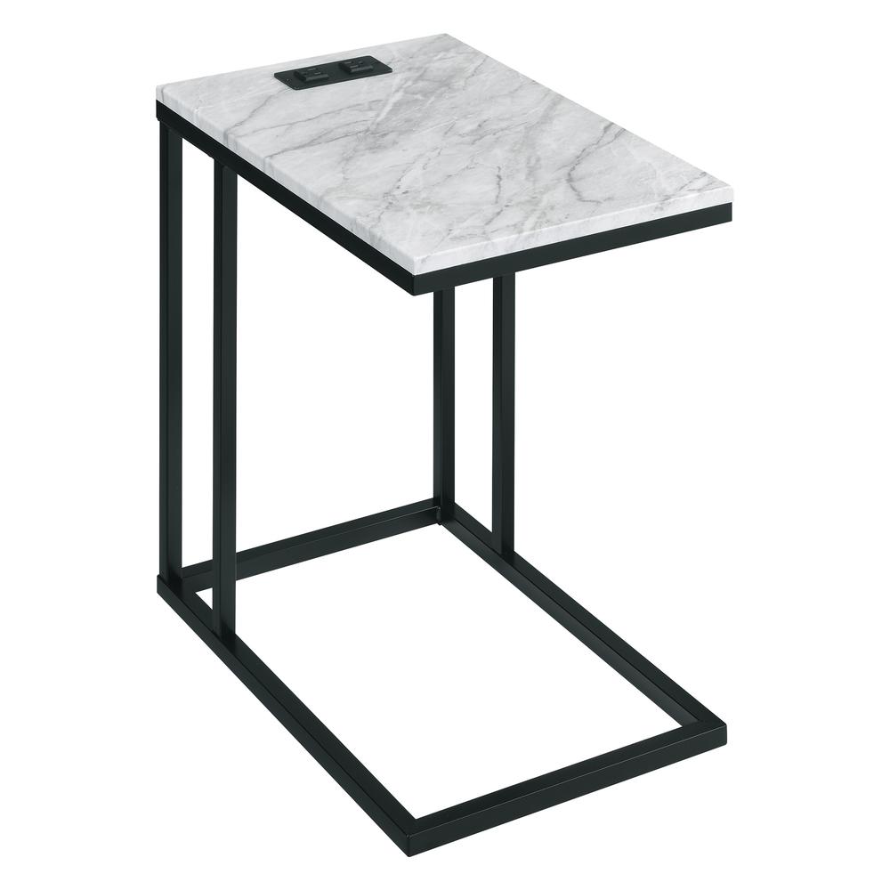 Norwich C-Table with Black Base and White Marble Top Including Built in Power Port, NRWWM-BLK. Picture 1
