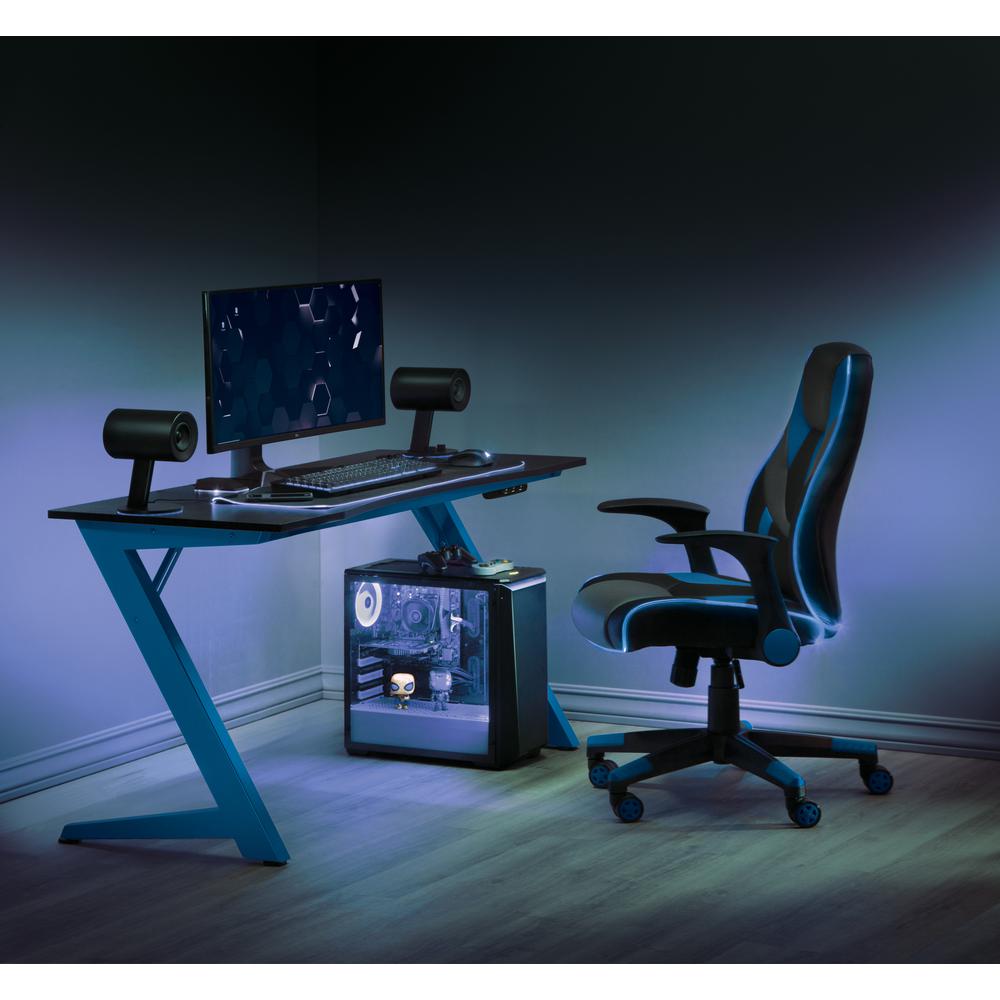 Output Gaming Chair in Black Faux Leather with Blue Trim and Accents with Controllable RGB LED Light piping., OUT25-BLU. Picture 2
