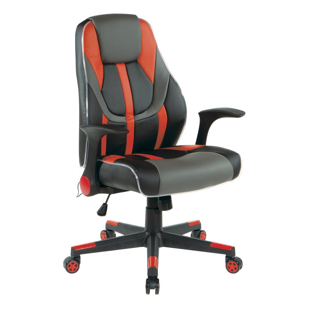 Output Gaming Chair in Black Faux Leather with Red Trim and Accents with Controllable RGB LED Light Piping., OUT25-RD. Picture 1