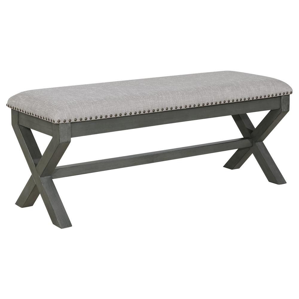 Monte Carlo Bench with Antique Grey Base and Antique Bronze Nailhead Trim in Grey Fabric. Picture 1