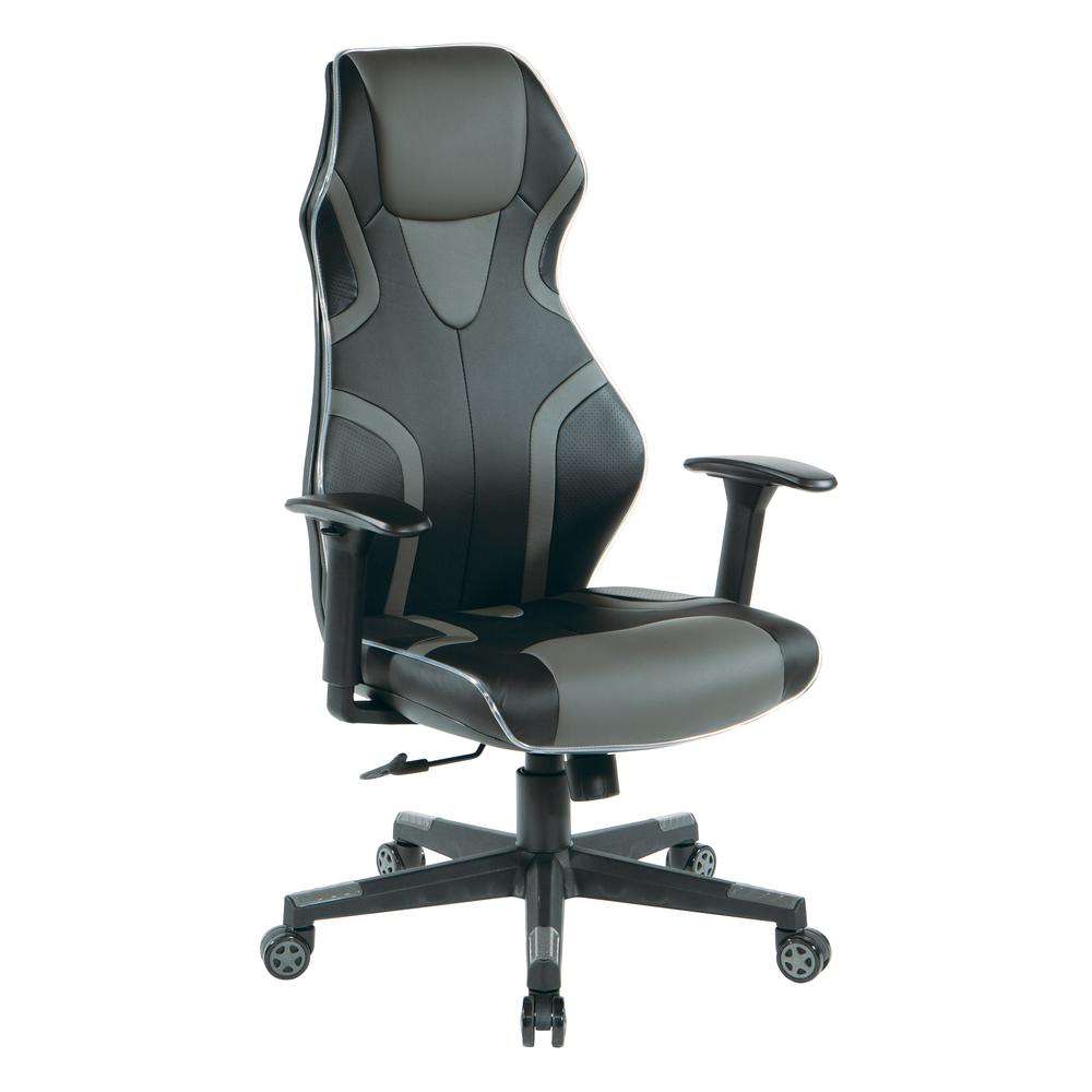 Rogue Gaming Chair in Black Faux Leather with Grey Trim and Accents with Controllable RGB LED Light Piping., ROG25-GRY. Picture 1
