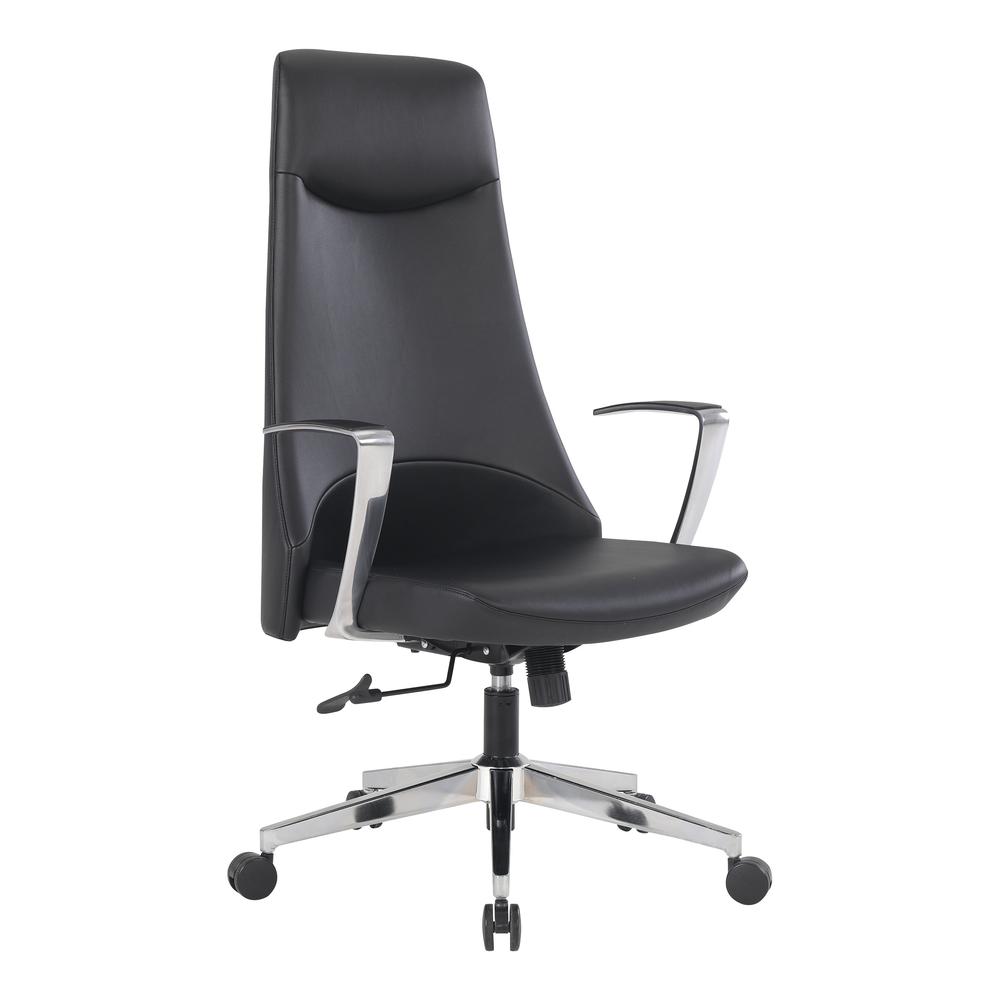 High Back Antimicrobial Fabric Chair with Fixed Padded Aluminum Arms and Chrome Base in Dillon Black. Picture 1