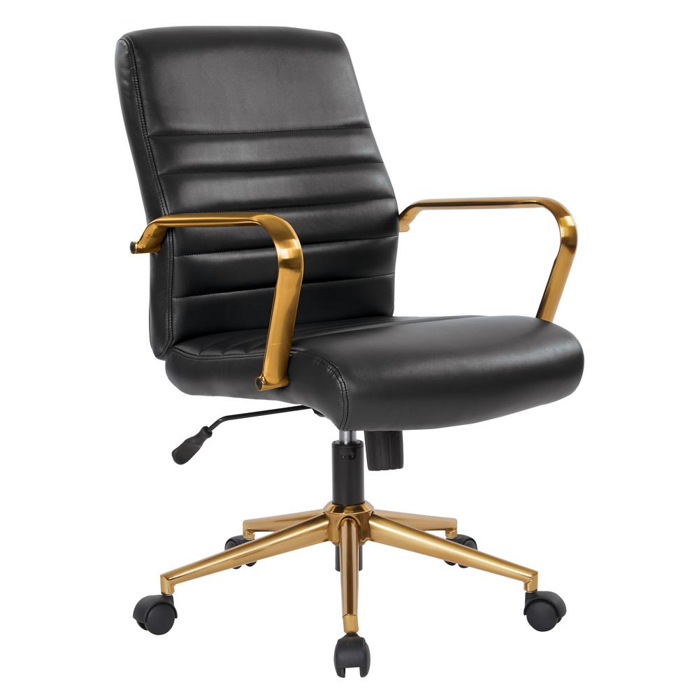 Mid-Back Black Faux Leather Chair with Gold Finish Arms and Base K/D, FL22991G-U6. Picture 1