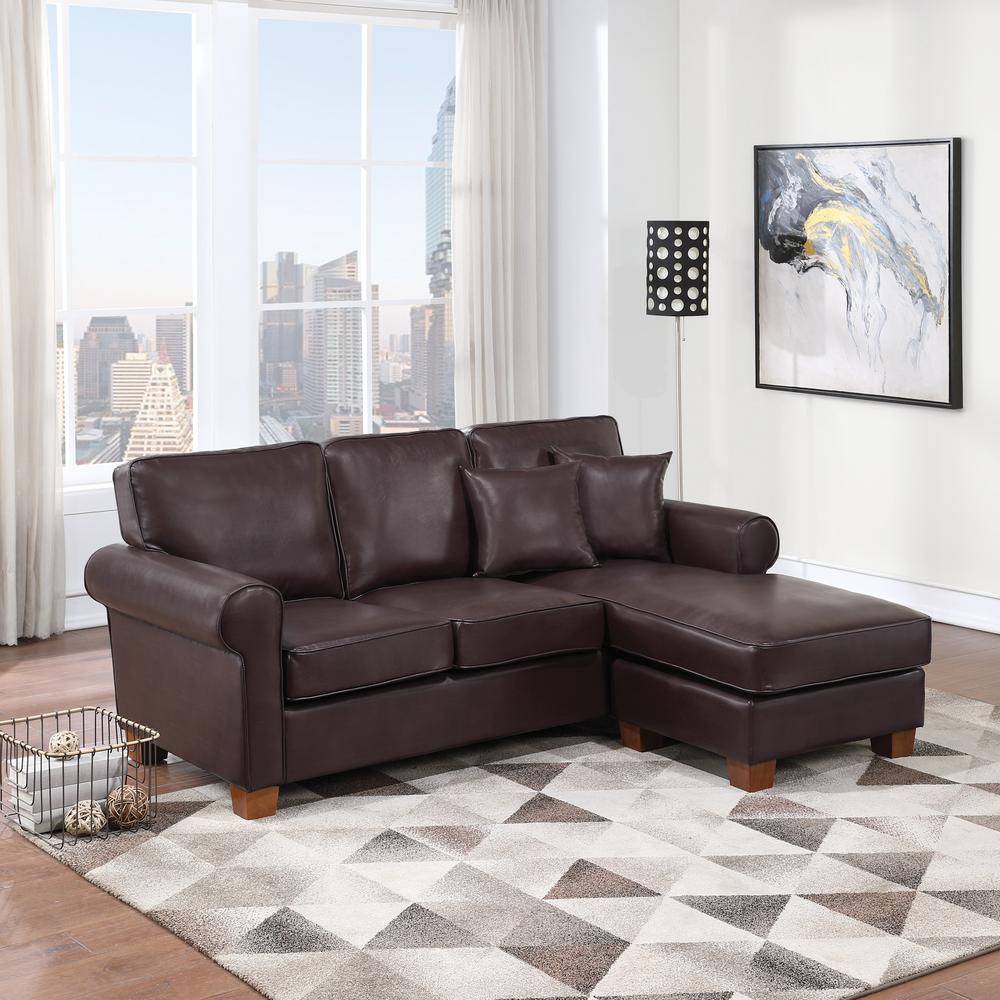 Rylee Rolled Arm Sectional in Cocoa Faux Leather with Pillows and Coffee Legs, RLE55-PD24. Picture 5
