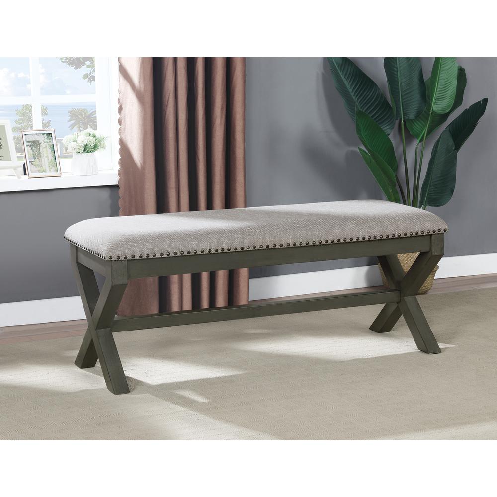 Monte Carlo Bench with Antique Grey Base and Antique Bronze Nailhead Trim in Grey Fabric. Picture 5
