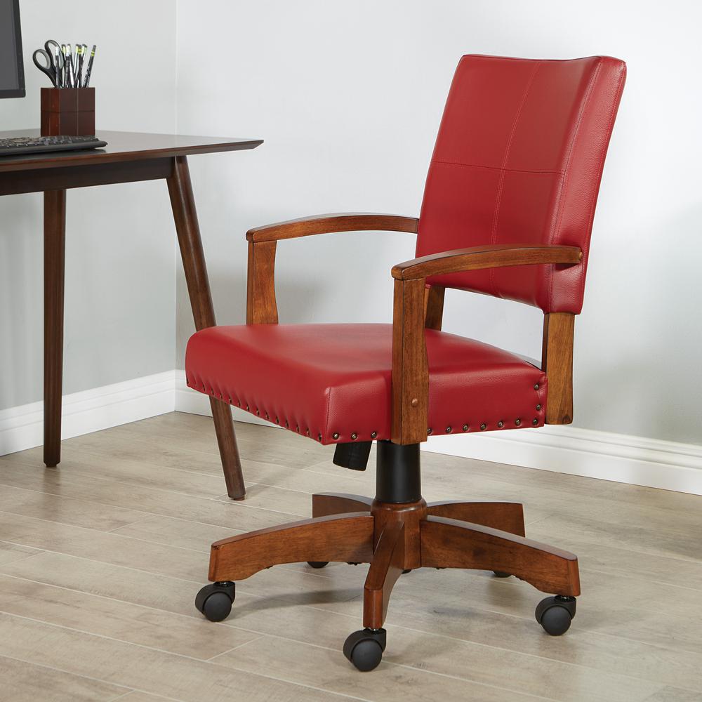 Deluxe Wood Bankers Chair in Red Faux Leather with Antique Bronze Nailheads and Medium Brown Wood, 109MB-RD. Picture 5