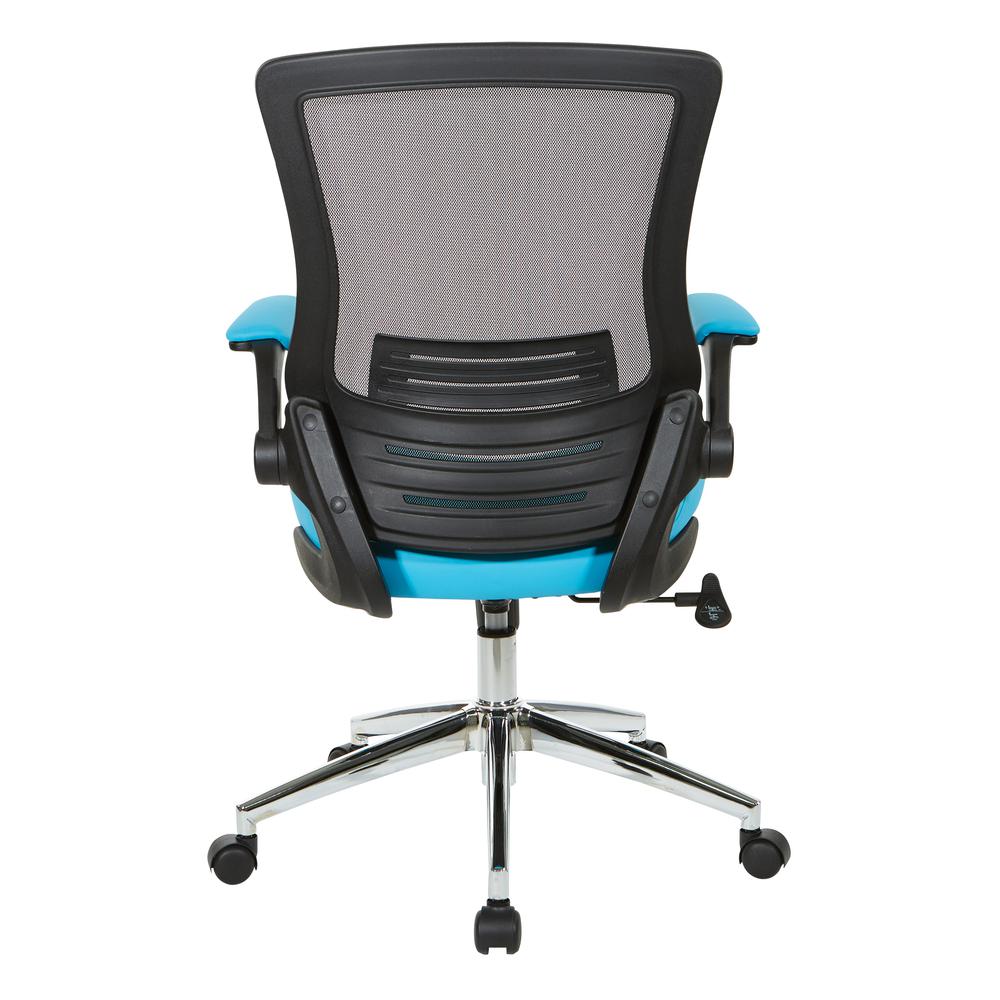 Black Screen Back Manager's Chair with Blue Faux Leather Seat and Padded Flip Arms with Silver Accents, EM60926C-U7. Picture 4