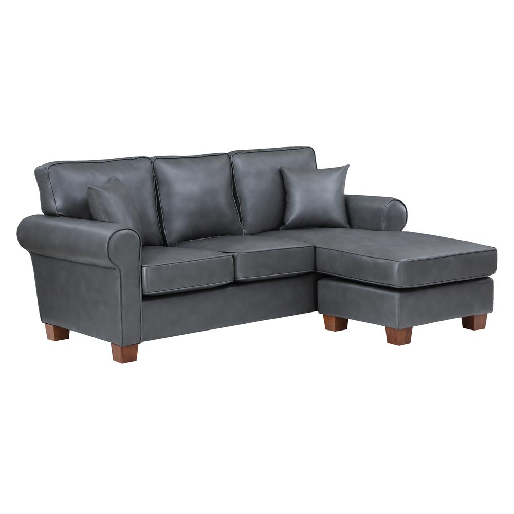 Rylee Rolled Arm Sectional in Pewter Faux Leather with Pillows and Coffee Legs, RLE55-PD26. Picture 1