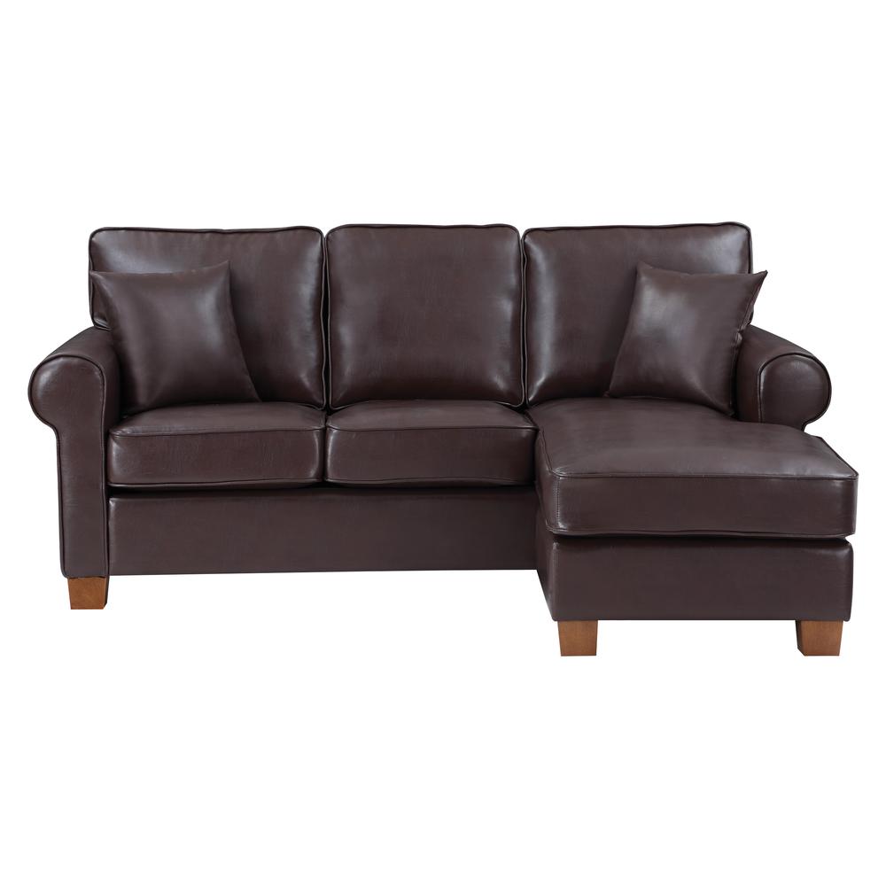 Rylee Rolled Arm Sectional in Cocoa Faux Leather with Pillows and Coffee Legs, RLE55-PD24. Picture 3