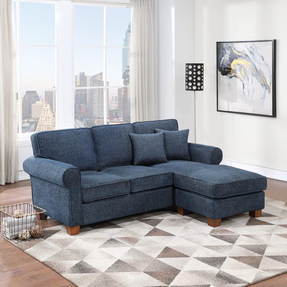 Rylee Rolled Arm Sectional in Navy Fabric with Pillows and Coffee Legs, RLE55-B83. Picture 5