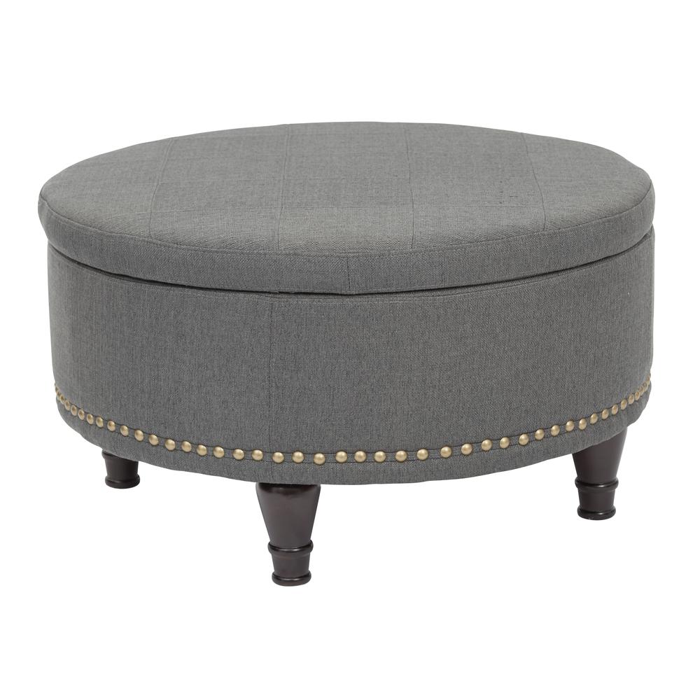 Augusta Round Storage Ottoman in Klein Charcoal Fabric and Antique Bronze Nailheads, BP-AUOT32-K26. Picture 1