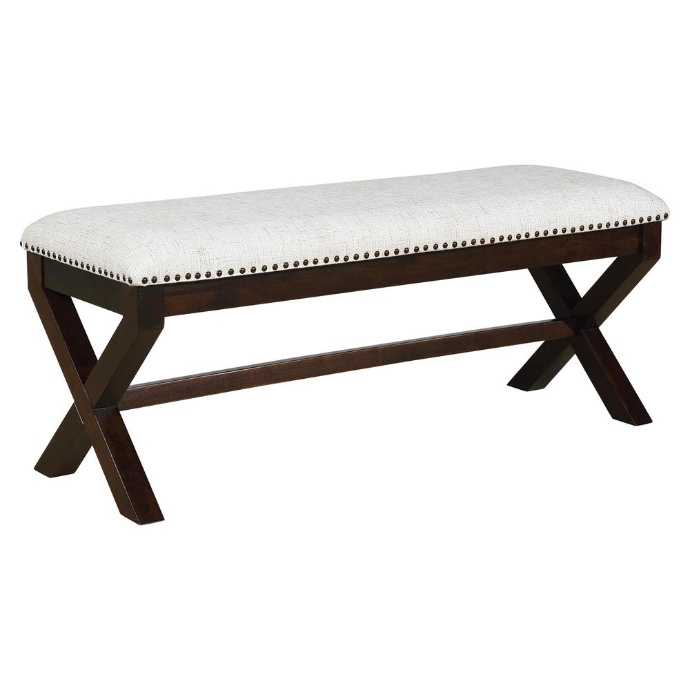 Monte Carlo Bench with Dark Walnut Base and Antique Bronze Nailhead Trim in Linen Fabric. Picture 1