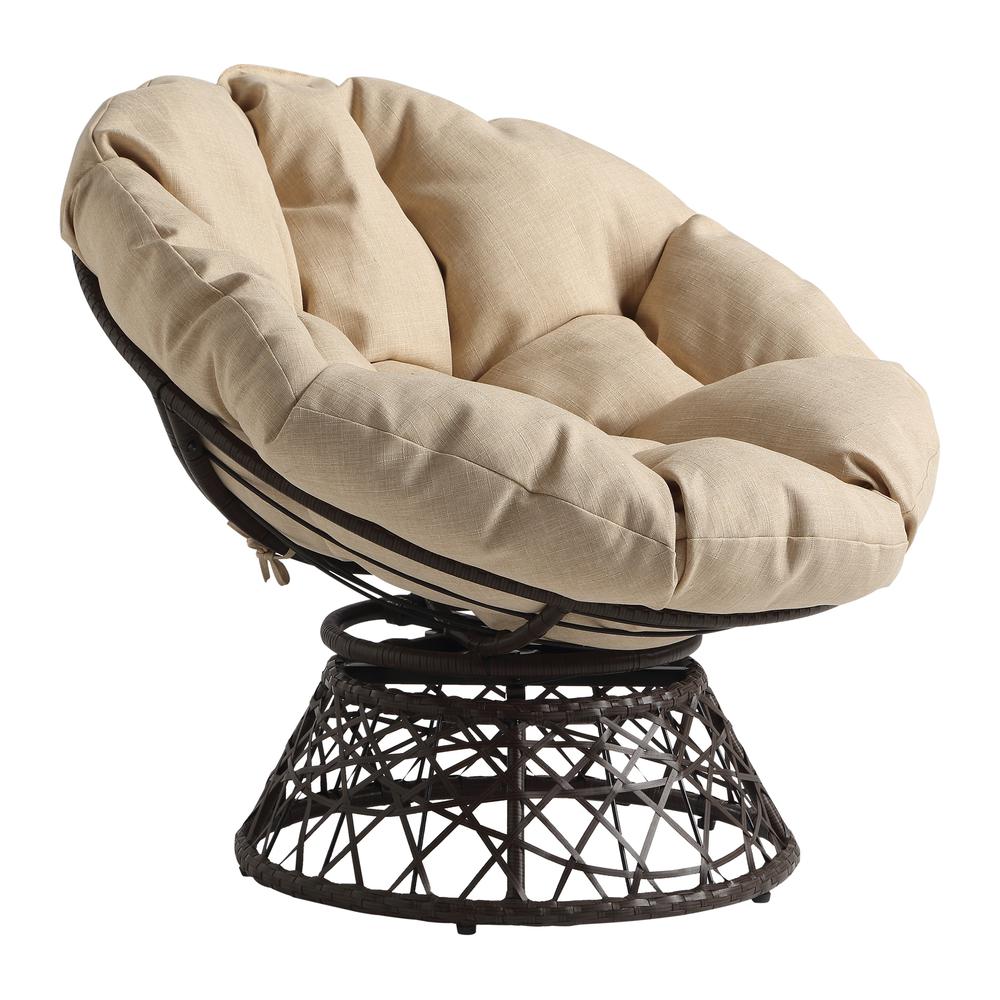 Papasan Chair with Cream Round Pillow Cushion and Brown Wicker Weave, BF29296BR-M52. Picture 1