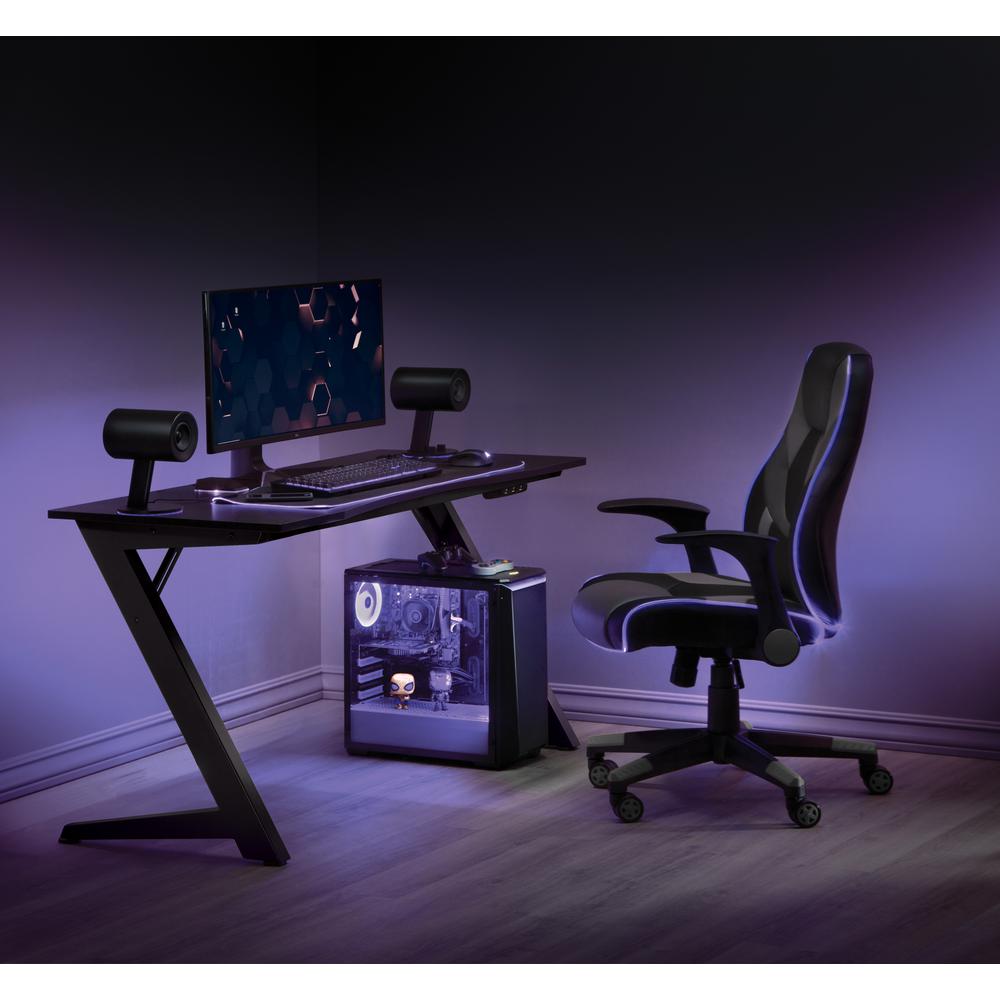 Output Gaming Chair in Black Faux Leather With Grey Accents and Controllable RGB LED Light Piping, OUT25-GRY. Picture 2