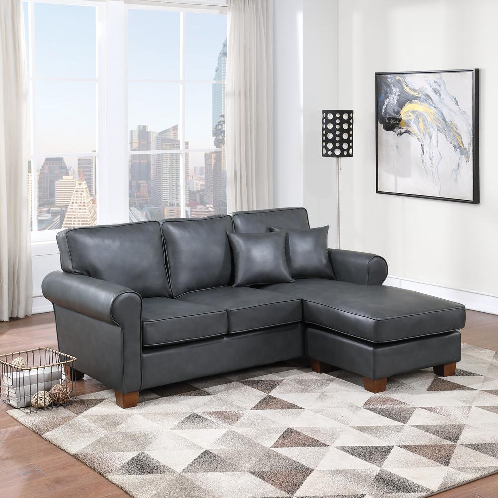Rylee Rolled Arm Sectional in Pewter Faux Leather with Pillows and Coffee Legs, RLE55-PD26. Picture 5