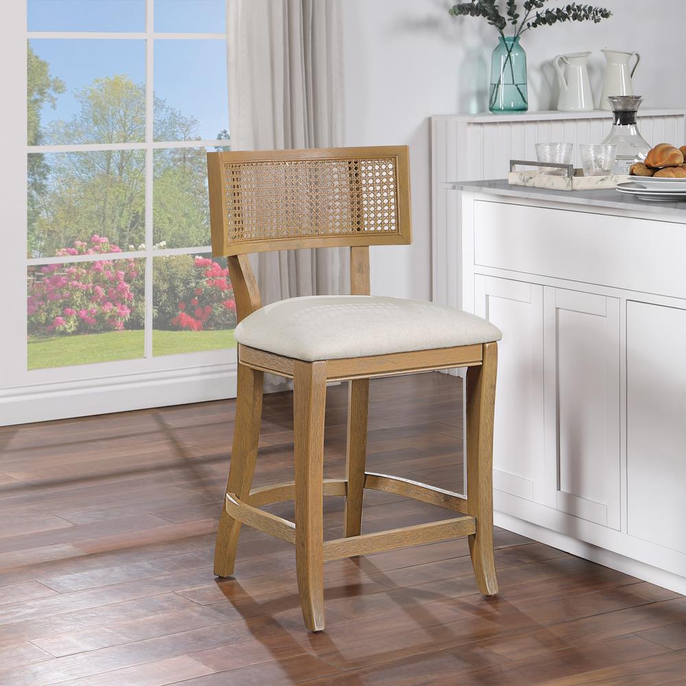 Alaina 26" Cane Back Counter Stool in Linen Fabric with Coastal Wash. Picture 11
