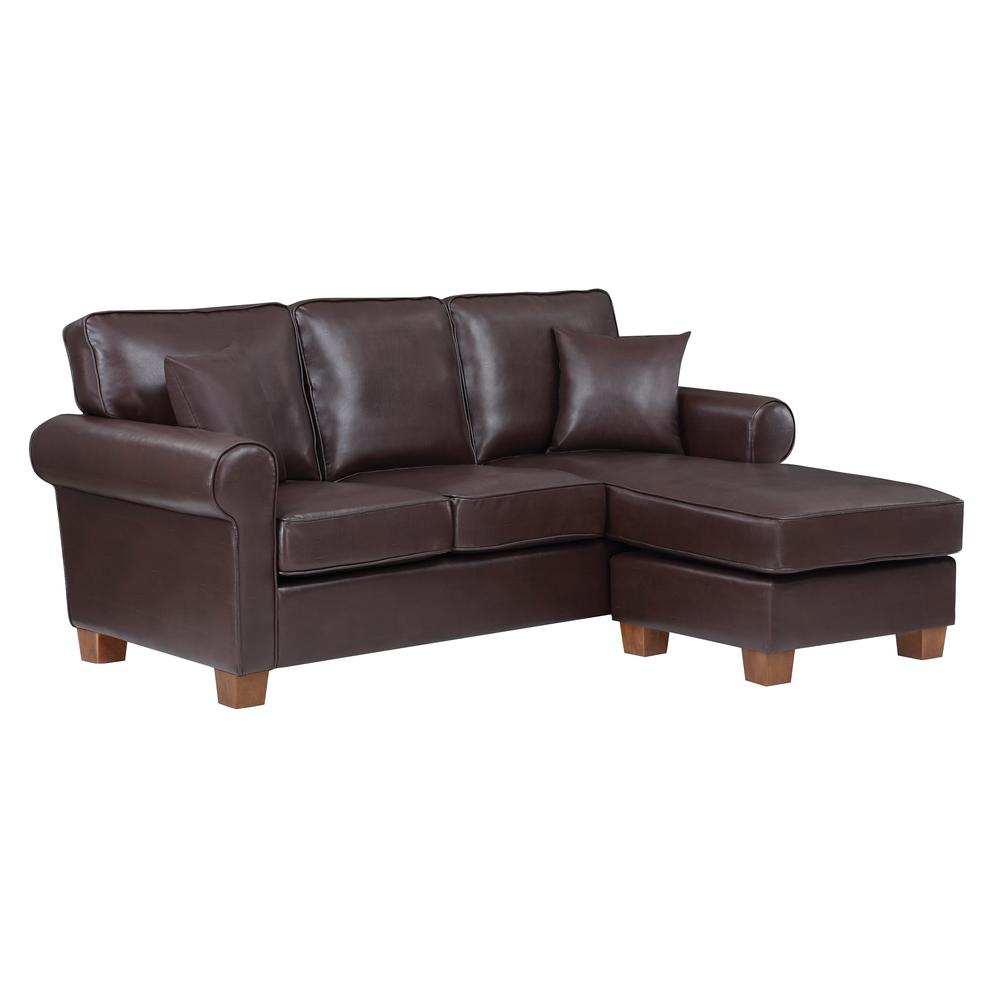 Rylee Rolled Arm Sectional in Cocoa Faux Leather with Pillows and Coffee Legs, RLE55-PD24. Picture 1
