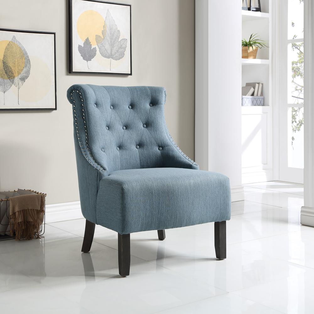 Evelyn Tufted Chair in Blue Fabric with Grey Wash Legs, SB586-B84. Picture 5