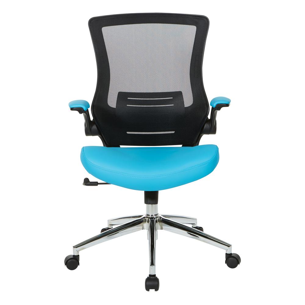 Black Screen Back Manager's Chair with Blue Faux Leather Seat and Padded Flip Arms with Silver Accents, EM60926C-U7. Picture 2