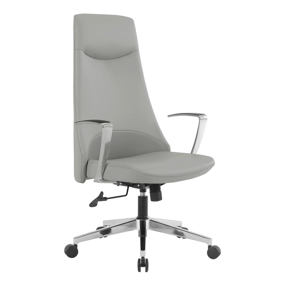 High Back Antimicrobial Fabric Chair with Fixed Padded Aluminum Arms and Chrome Base in Dillon Steel. The main picture.