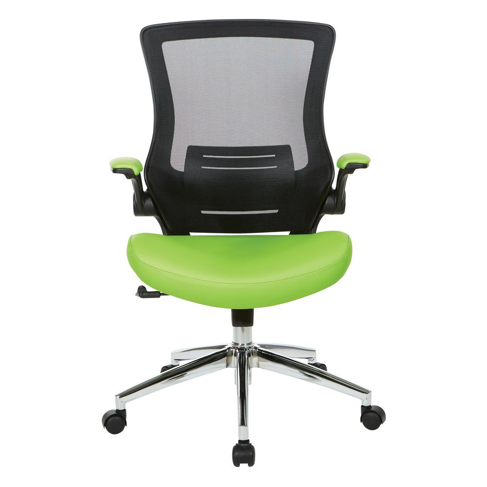 Black Screen Back Manager's Chair with Green Faux Leather Seat and Padded Flip Arms with Silver Accents, EM60926C-U16. Picture 2