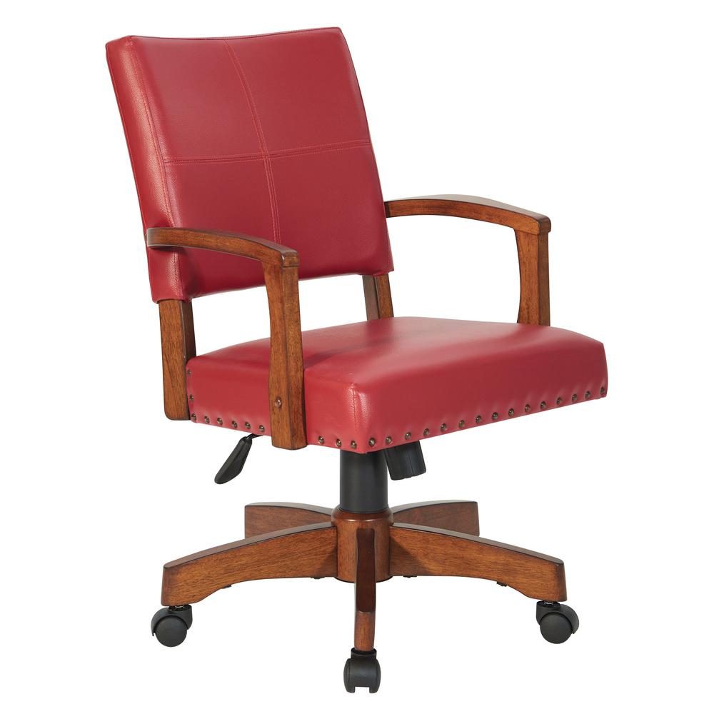 Deluxe Wood Bankers Chair in Red Faux Leather with Antique Bronze Nailheads and Medium Brown Wood, 109MB-RD. Picture 1