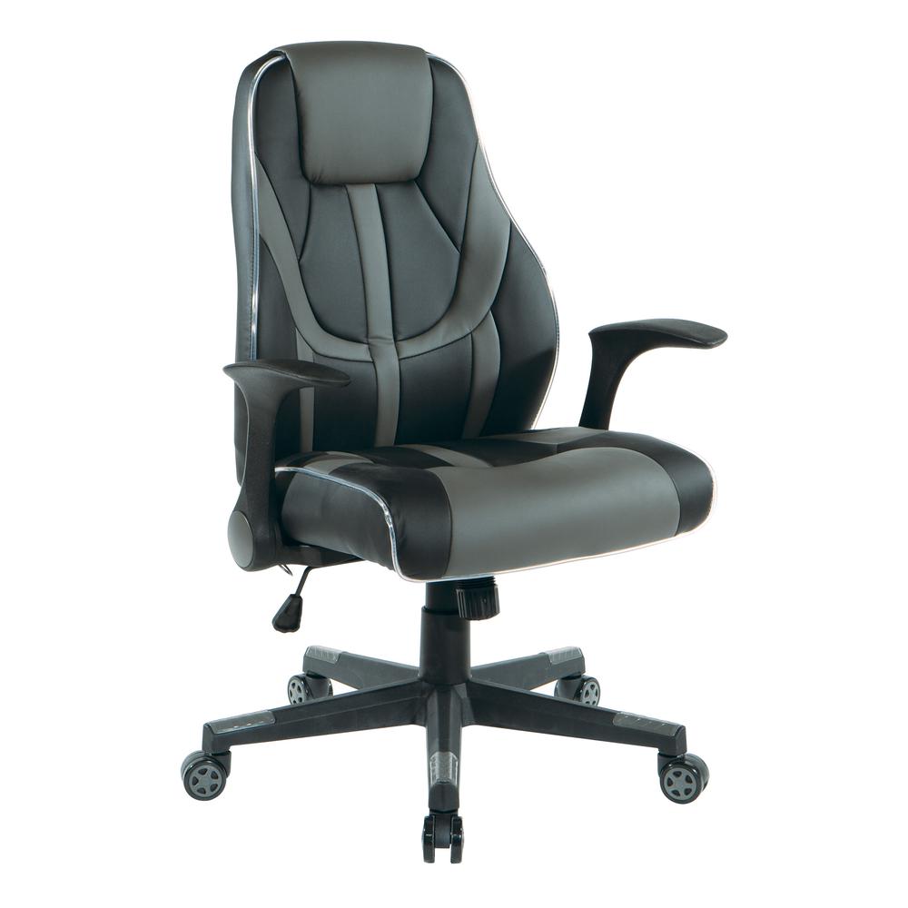 Output Gaming Chair in Black Faux Leather With Grey Accents and Controllable RGB LED Light Piping, OUT25-GRY. Picture 1