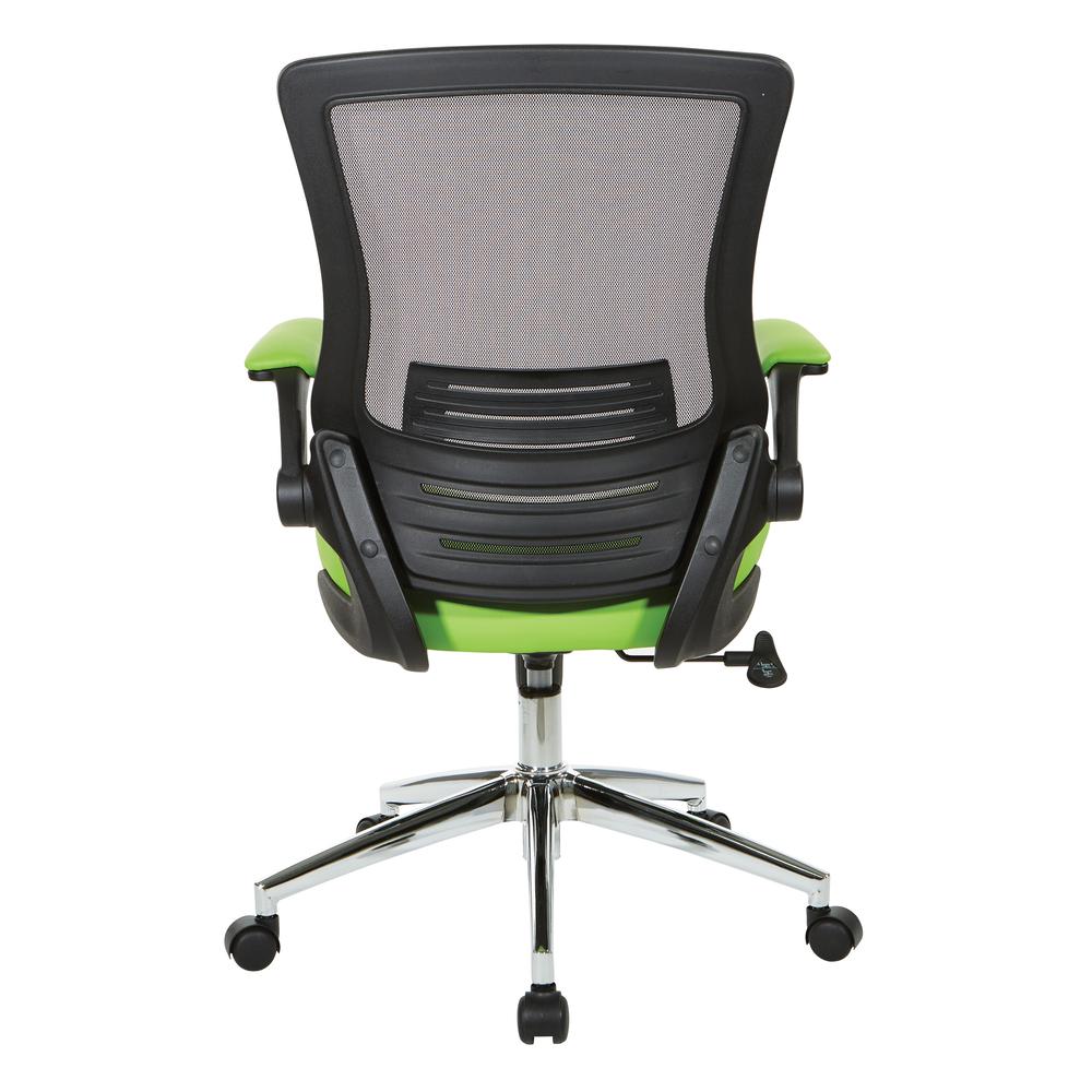 Black Screen Back Manager's Chair with Green Faux Leather Seat and Padded Flip Arms with Silver Accents, EM60926C-U16. Picture 4