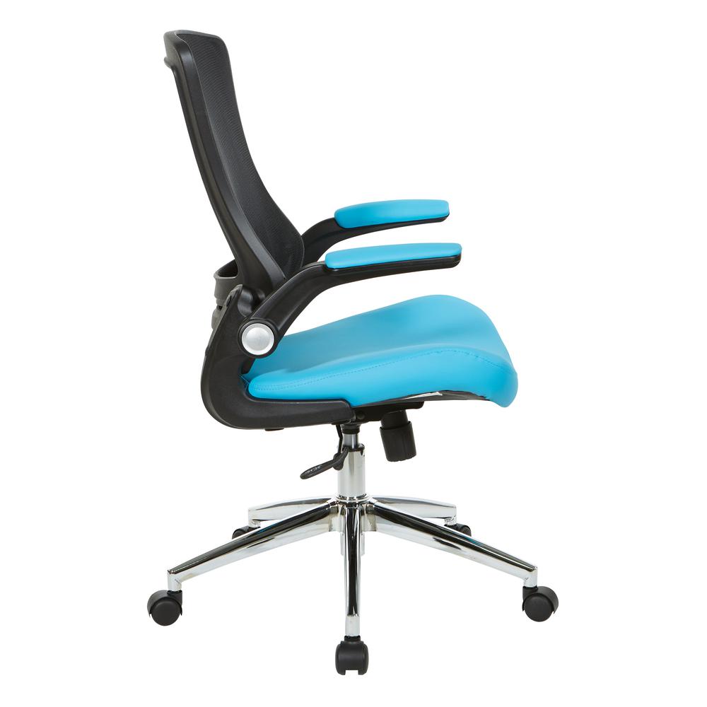 Black Screen Back Manager's Chair with Blue Faux Leather Seat and Padded Flip Arms with Silver Accents, EM60926C-U7. Picture 3