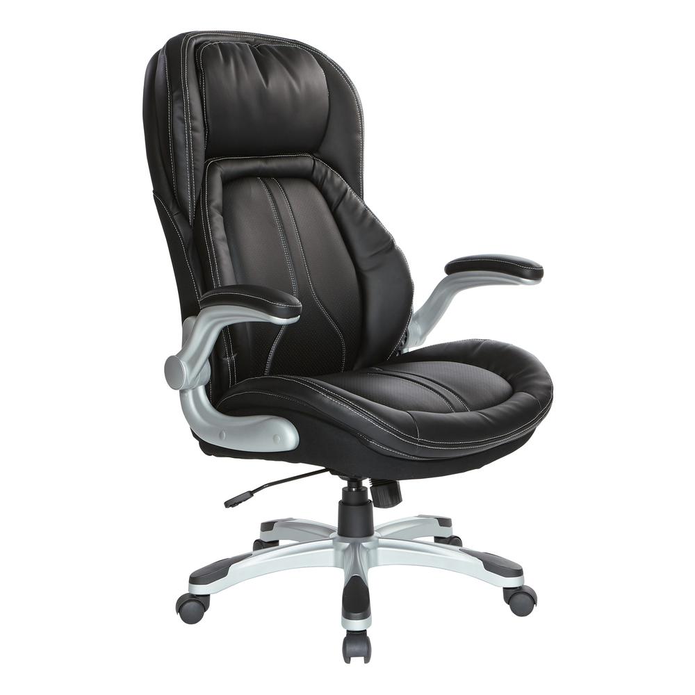 Black Bonded Leather Executive Chair with Padded Flip Arms and Silver Base, ECH620636-EC3. Picture 1