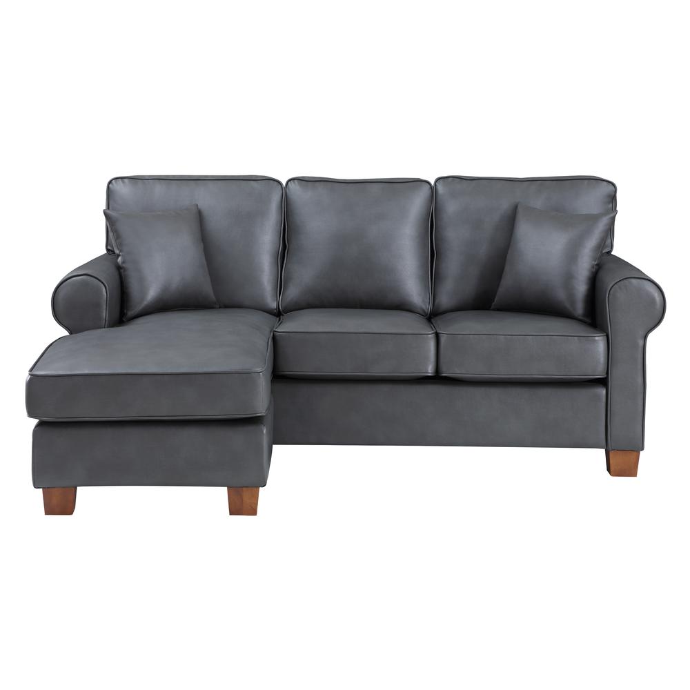 Rylee Rolled Arm Sectional in Pewter Faux Leather with Pillows and Coffee Legs, RLE55-PD26. Picture 3