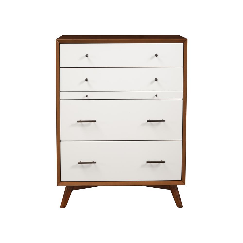 Flynn Mid Century Modern 4 Drawer Two Tone Multifunction Chest w/Pull Out Tray, Acorn/White. Picture 1