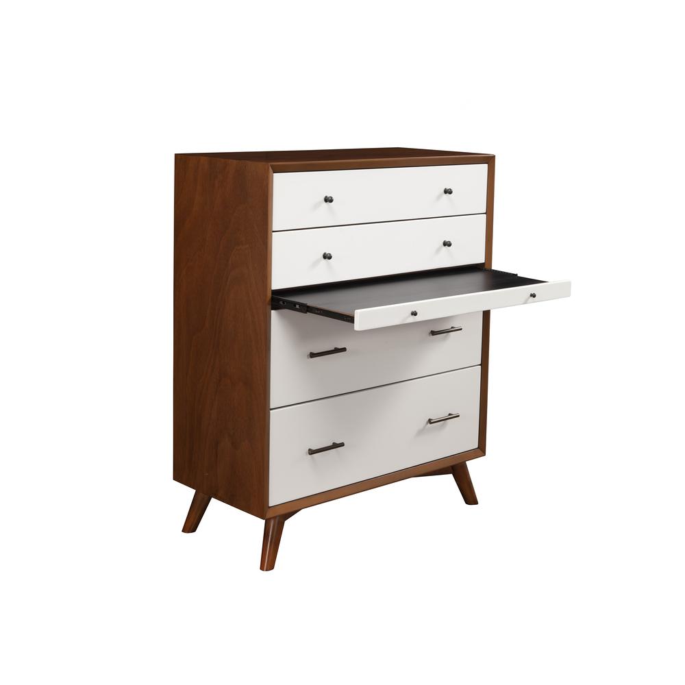 Flynn Mid Century Modern 4 Drawer Two Tone Multifunction Chest w/Pull Out Tray, Acorn/White. Picture 2