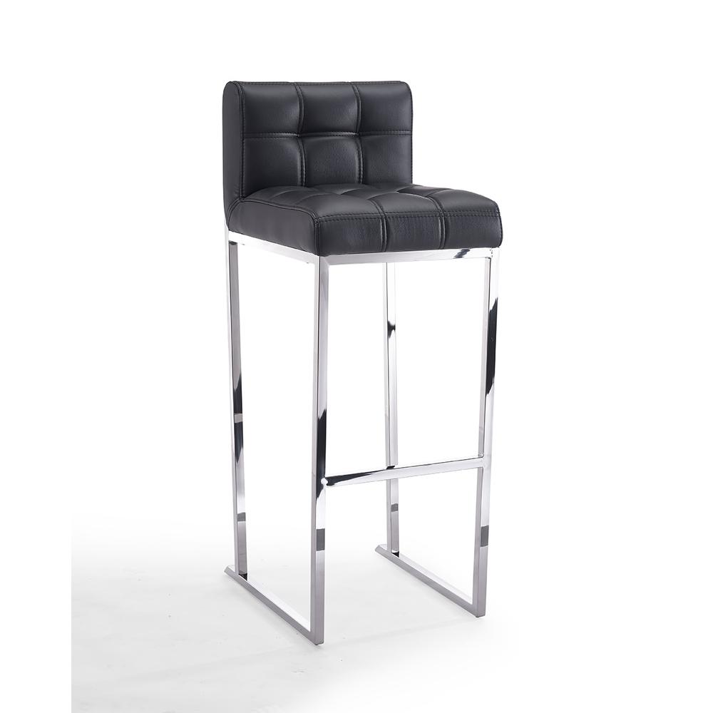 Eva Barstool black faux leather tufted seat and backrest stainless steel base. The main picture.