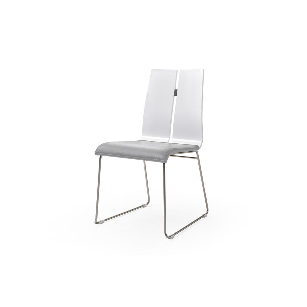 Lauren Dining Chair. High Gloss White Grey Faux Leather. Metal frame with brushed nickel finish. Picture 1