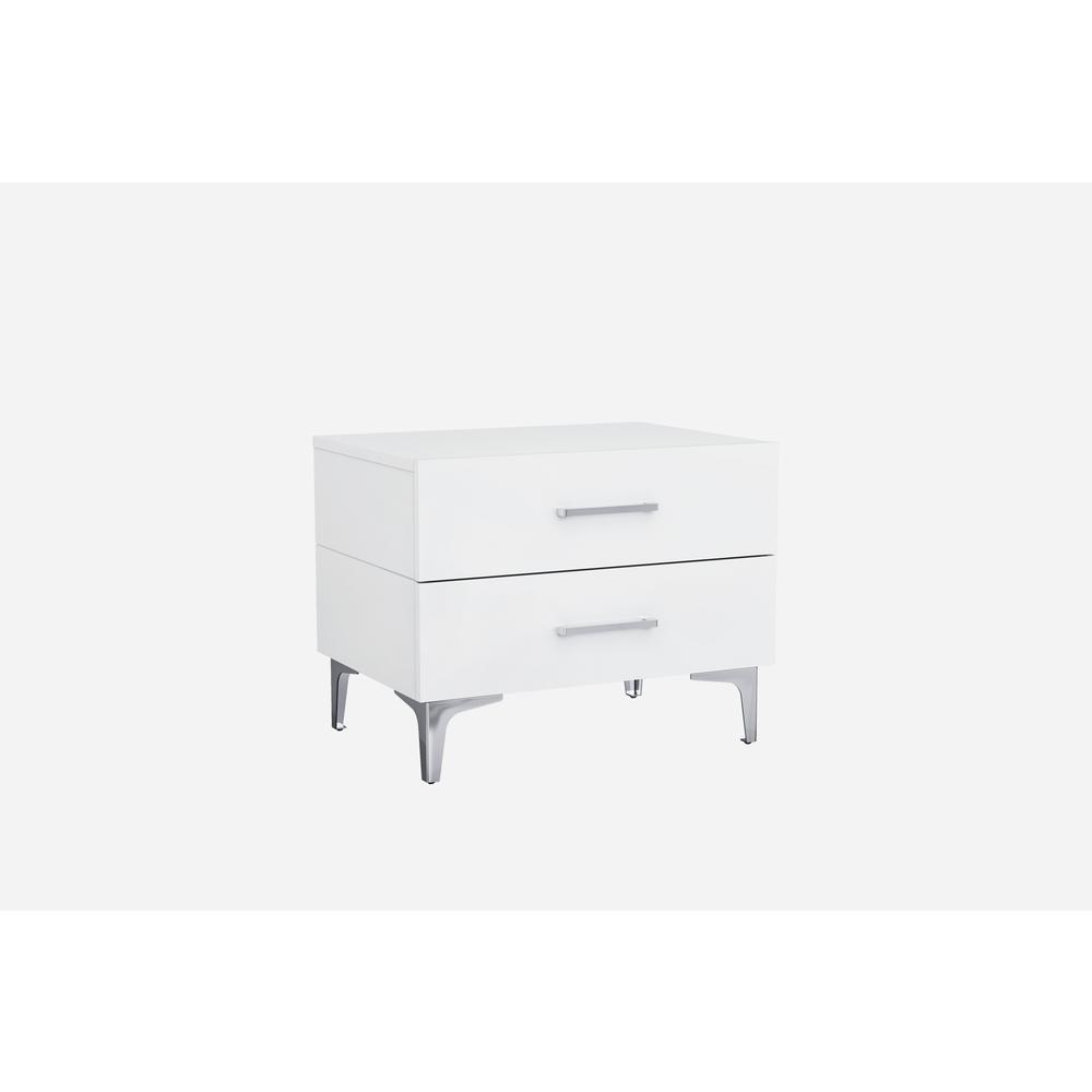 Diva Night Stand high gloss white chrome handles self-close drawers stainless steel legs. Picture 1