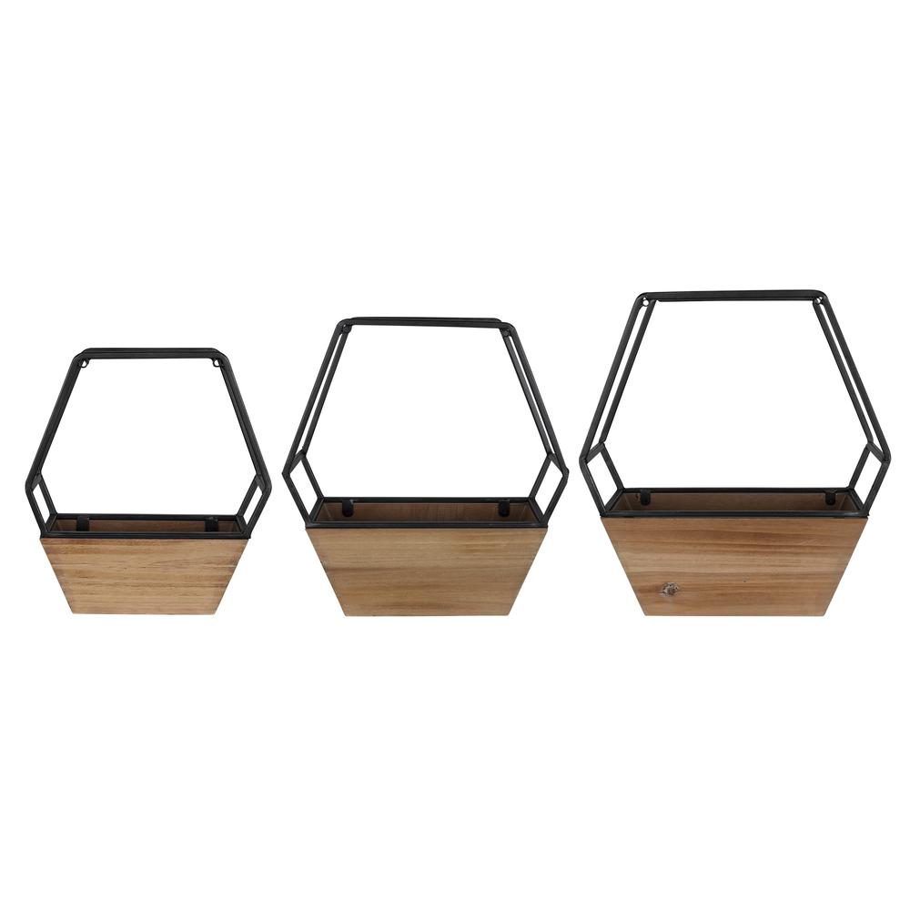 Stratton Home Decor Set of 3 Wood and Metal Hexagon Wall Planters. Picture 3